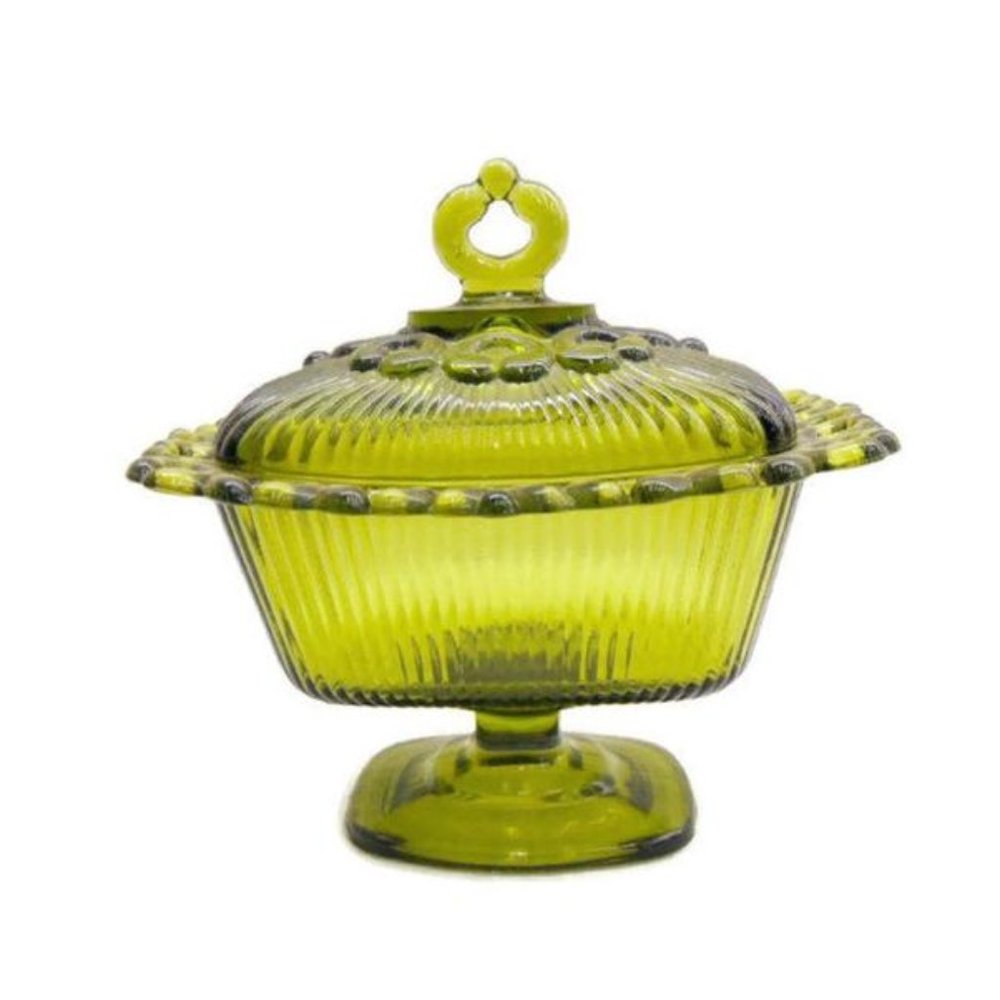 vintage Green Glass Open Lace Edge Candy Dish Compote - Picture 1 of 4